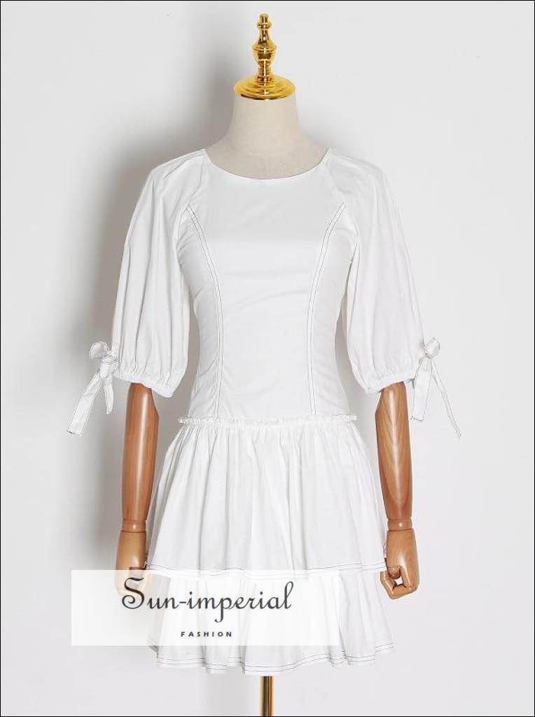 Sun-imperial - white mini dress with puff sleeve high neck pink lace tie back backless mini dress Sun-Imperial Sun-imperial - white mini dress with puff sleeve high neck pink lace tie back backless mini dress Sun-Imperial