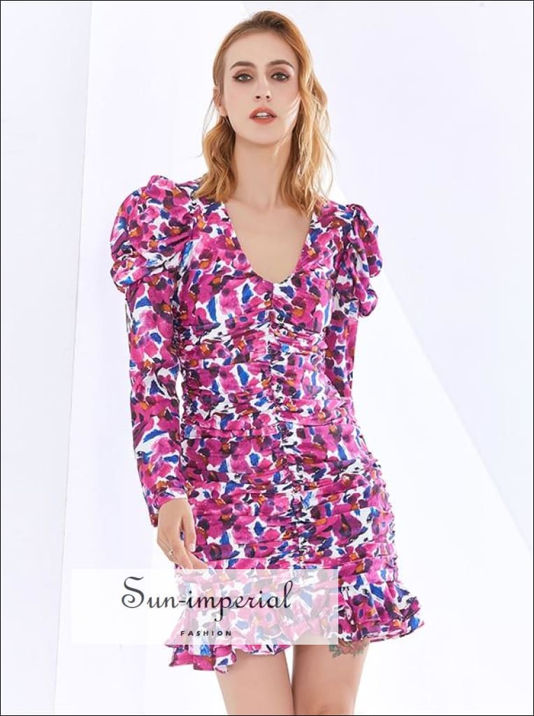 ruched ruffle puff sleeve mini dress White Mini Long Puff Sleeve Dress with Pink Blue Floral Print Slim V Neck Ruched Dress with Ruffle Detail Purple / L