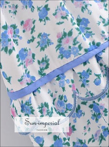 White with Blue and Pink Floral Print Short Sleeve Midi Dress Square Collar Elastic back SUN-IMPERIAL United States