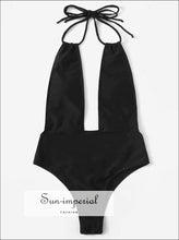Women Black Beach Swimsuit One Piece High Waist Backless Plunge-in Neck - Deep V Neckline