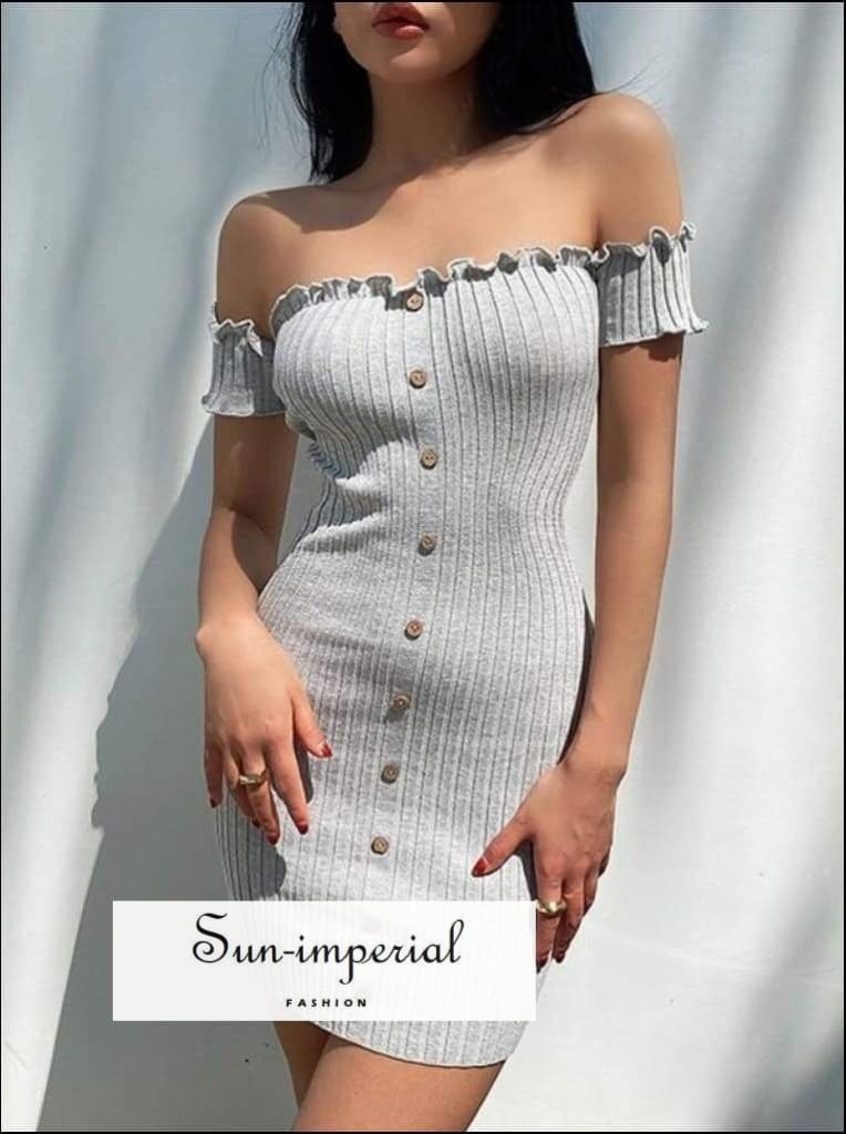 Sun-imperial - women Black bodycon off shoulder ribbed mini dress with lettuce trimming and buttons light blue / M Sun-imperial - women Black bodycon off shoulder ribbed mini dress with lettuce trimming and buttons light blue / M