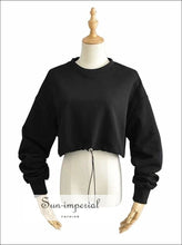 Women Black Crew Neck Adjustable Toggle Hem Cropped Sweatshirt Drop Shoulder Crop Pullover SUN-IMPERIAL United States
