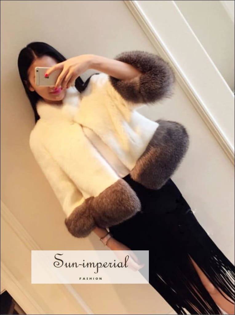 Sun imperial women black faux fur coat with big fluffy collar and edge sleeve fur detail Sun Imperial