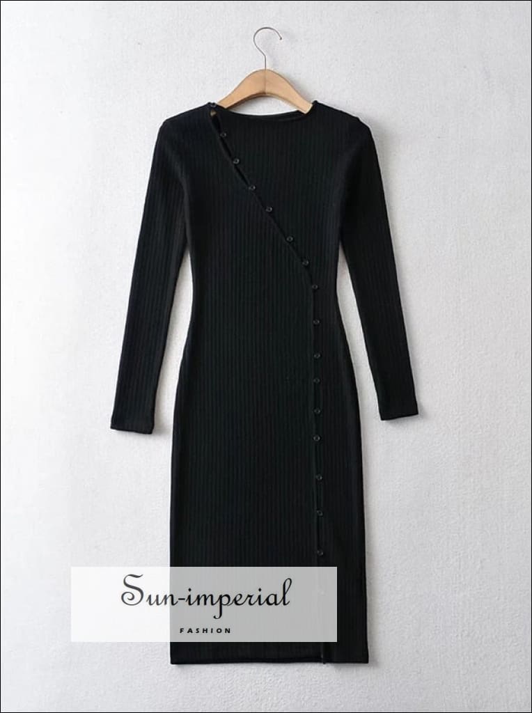 Sun-imperial - women black long sleeve asymmetric button knit cut