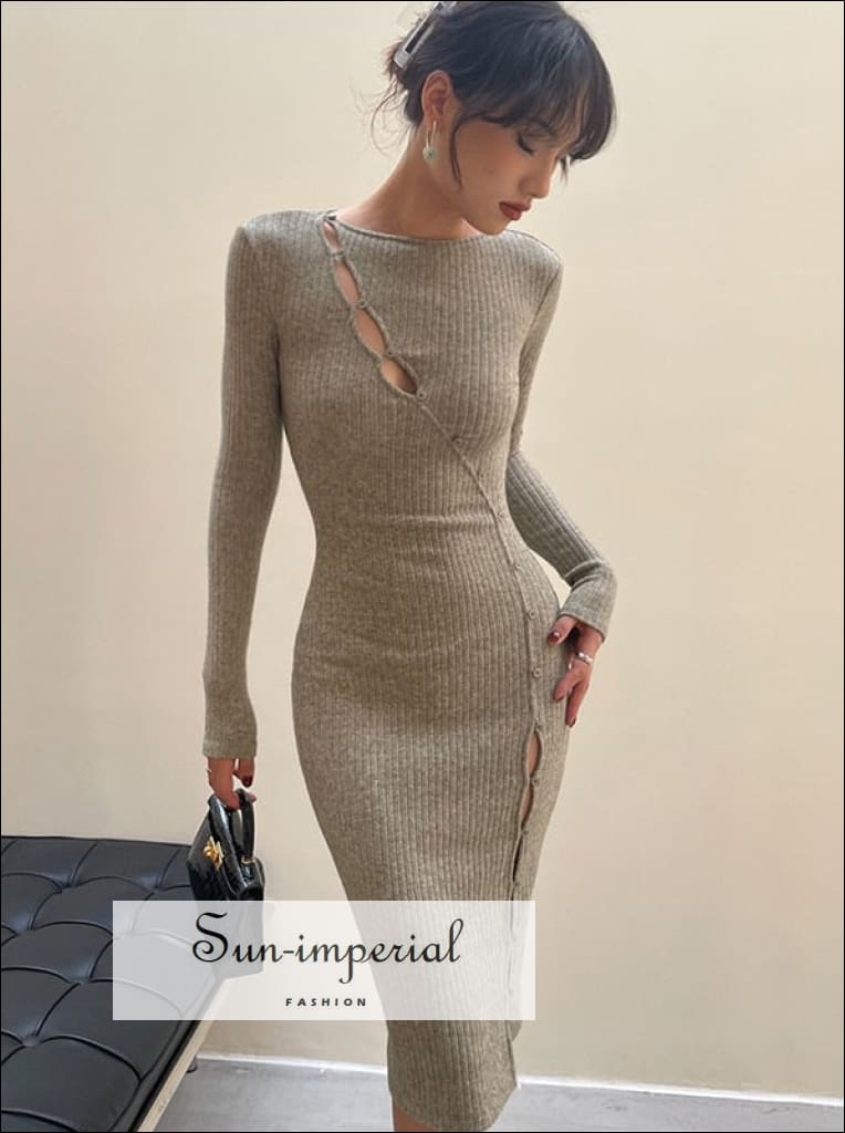 Sun-imperial - women Black long sleeve asymmetric button knit cut out maxi dress Khaki / M Sun-imperial - women Black long sleeve asymmetric button knit cut out maxi dress Khaki / M