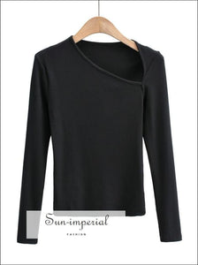 Women Black Long Sleeve Asymmetric Neck top Fitted T-shirt Blouse SUN-IMPERIAL United States