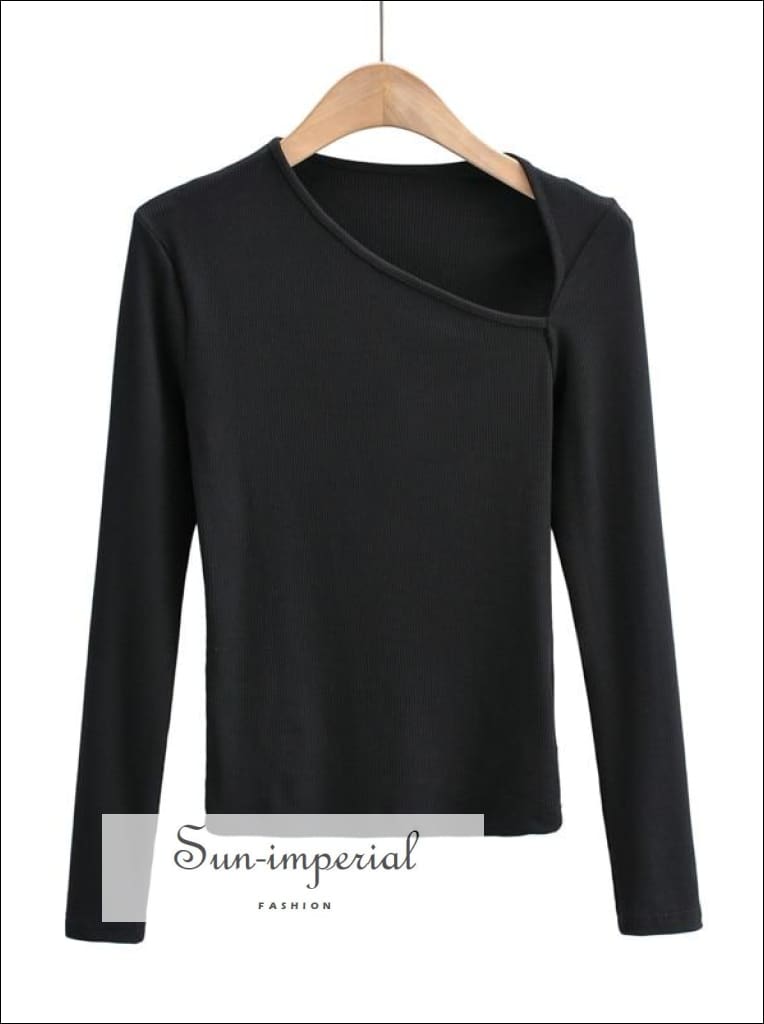 Sun-imperial - women black long sleeve asymmetric neck top fitted