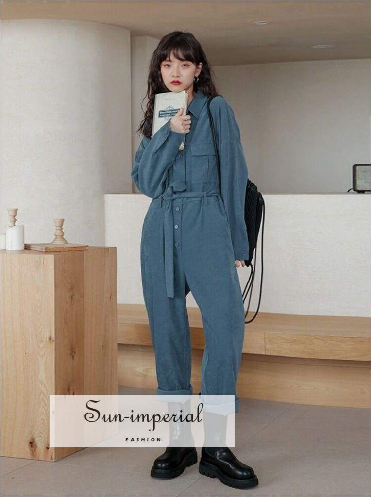 Women Blue Long Sleeve Buttoned Casual Tie Waist Long Maxi Jumpsuit