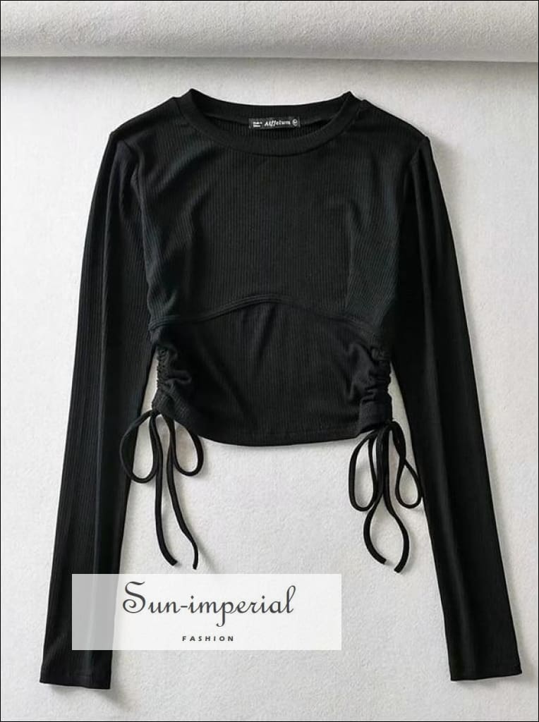 Sun-imperial - women black ribbed fitted corset detail long sleeve