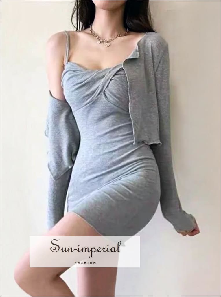 Sun-Imperial - Women Black Ribbed Lettuce-Edge Trims Cardigan and Twisted Bust Cami Mini Slim Dress Beige / M Sun-Imperial - Women Black Ribbed Lettuce-Edge Trims Cardigan and Twisted Bust Cami Mini Slim Dress Beige / M
