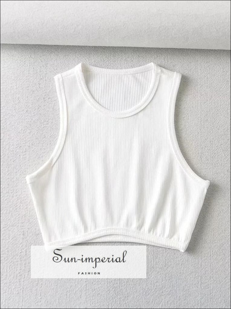 Women White Round Crew Neck Slim Fit Super Crop Curved bottom Tank top