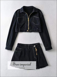 Women Black Two Piece Skirt Set Cropped Denim Jacket and Low Waist Slit Hem Mini with casual style, chick sexy Coat, Skirt, harajuku style 
