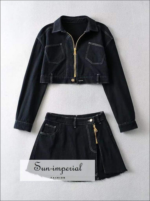 Women Black Two Piece Skirt Set Cropped Denim Jacket and Low Waist Slit Hem Mini with casual style, chick sexy Coat, Skirt, harajuku style 