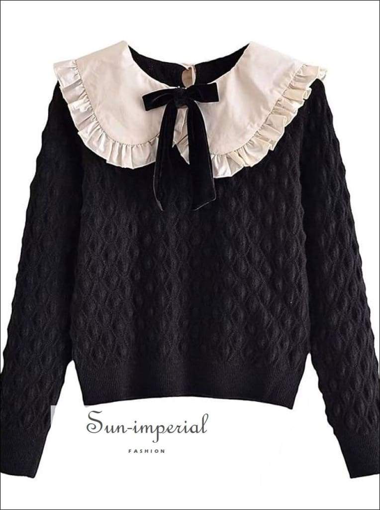 Sun-imperial - women black with white lace peter pan collar and bow tie  knot knit sweater long – Sun-Imperial