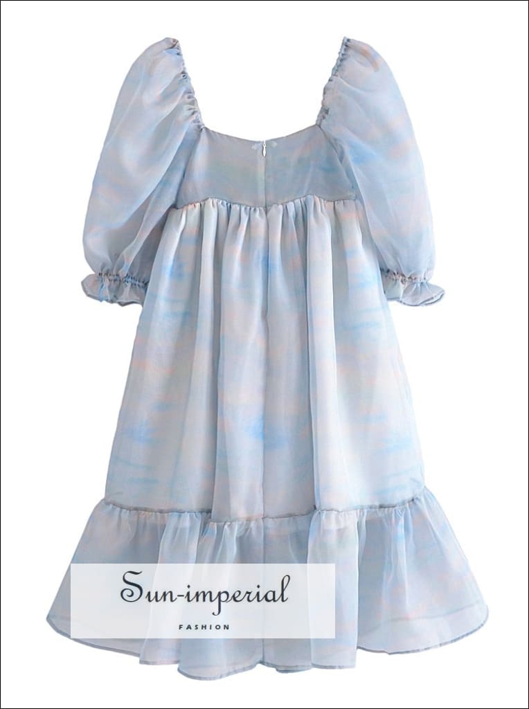 Sun-imperial - women Blue cloud print puff sleeve square neckline a-line pleated long dress Blue / S
