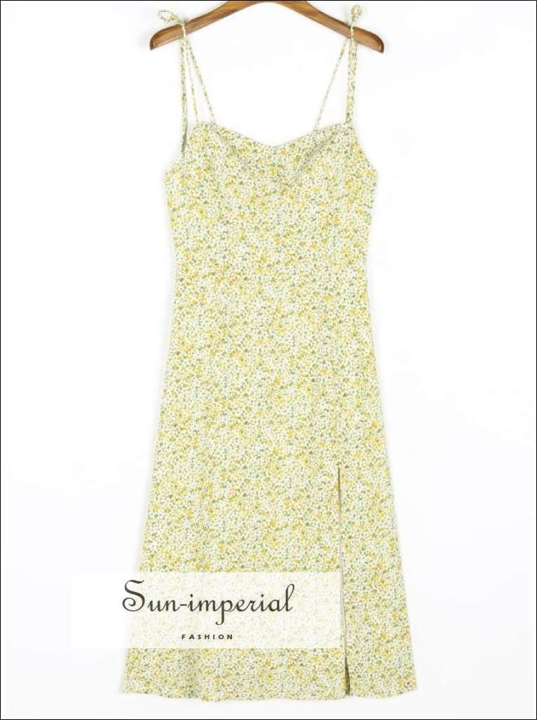 Sun-imperial - women blue floral print cami tie strap midi dress with corset style bust and front Yellow / M