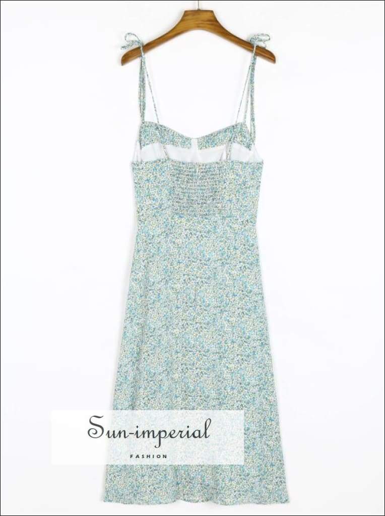 Sun-imperial - women blue floral print cami tie strap midi dress with corset style bust and front Sun-Imperial Sun-imperial - women blue floral print cami tie strap midi dress with corset style bust and front Sun-Imperial