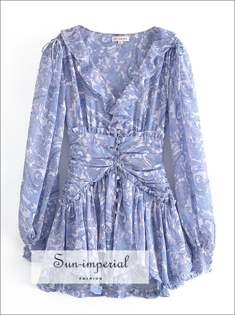 Sun-imperial - women blue floral print chiffon long sleeve mini dress with deep v neck ruffles and Sun-Imperial Sun-imperial - women blue floral print chiffon long sleeve mini dress with deep v neck ruffles and Sun-Imperial