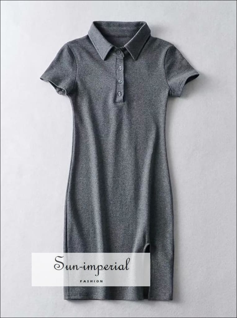 Sun-Imperial - Women Blue Short Sleeve Polo Collar Bodycon Casual Ribbed Mini Dress with Front Dark Grey / M Sun-Imperial - Women Blue Short Sleeve Polo Collar Bodycon Casual Ribbed Mini Dress with Front Dark Grey / M