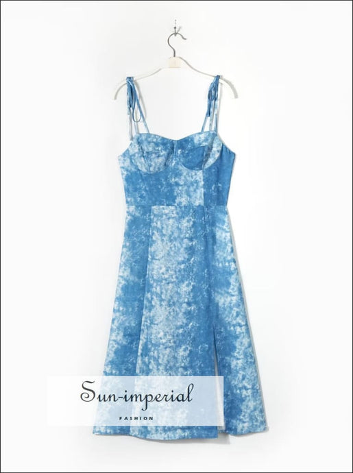 Women Blue Tye Dye Cami Strap Sleeveless Midi Dress with front Split and Flexible back Sun-Imperial United States