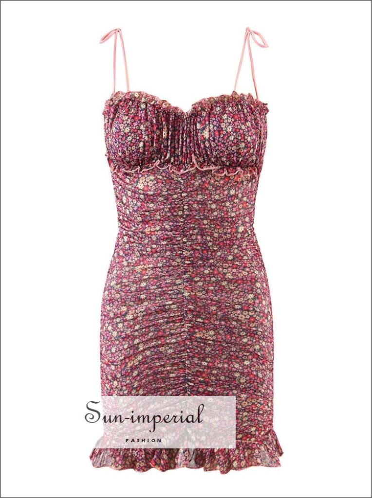 Women Bodycon Semi-sheer Floral Print Ruched Tie Cami Strap Backless Mini Dress with Tie Back MULTI / M Women Bodycon Semi-sheer Floral Print Ruched Tie Cami Strap Backless Mini Dress with Tie Back MULTI / M