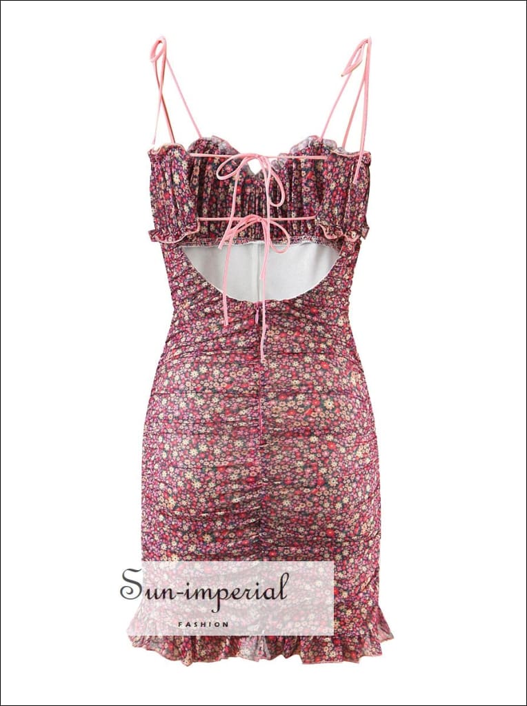 Women Bodycon Semi-Sheer Floral Print Ruched Tie Cami Strap Backless Mini Dress with Tie Back Multi / M Women Bodycon Semi-Sheer Floral Print Ruched Tie Cami Strap Backless Mini Dress with Tie Back Multi / M
