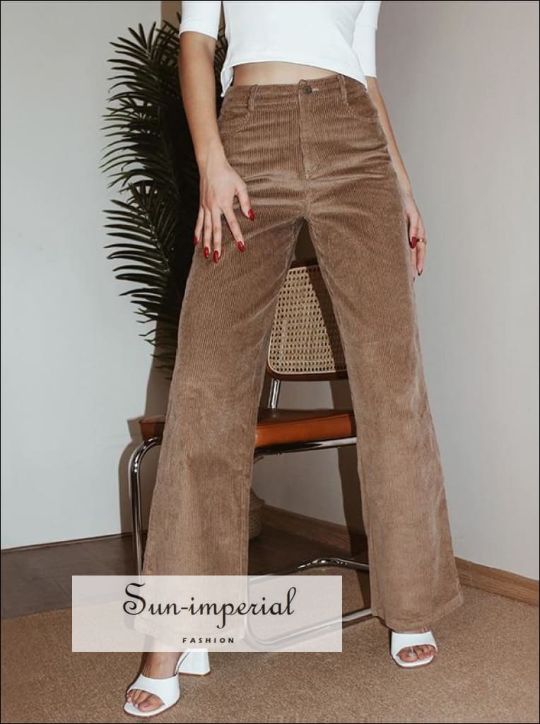 Sun-imperial - women brown high waist wide leg cord trousers corduroy pants  – Sun-Imperial