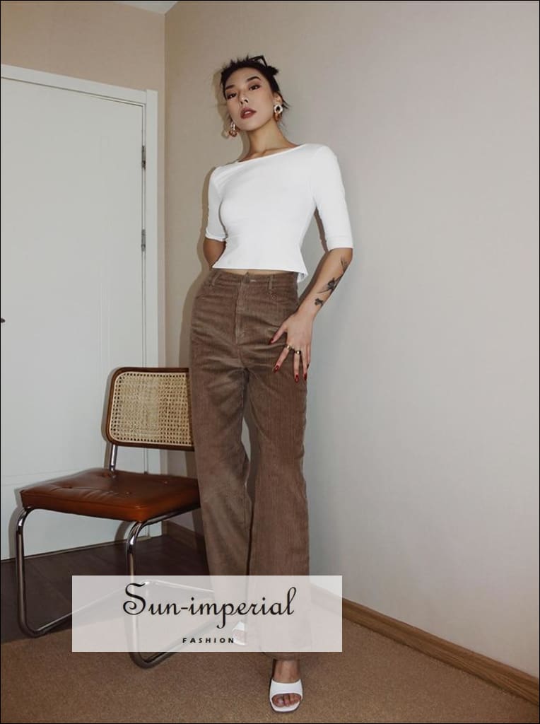 Sun-imperial - women brown high waist wide leg cord trousers