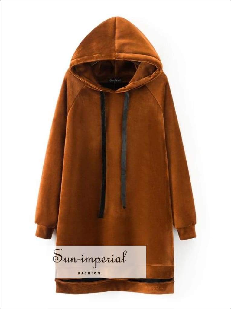 Sun-imperial - women brown velvet thick longline hoodie with split hem  winter raglan shoulder – Sun-Imperial