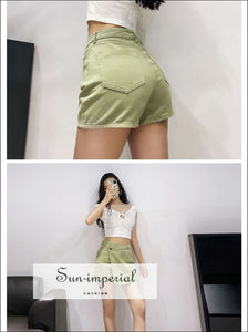 Women Casual an Asymmetric Wrap-style front Denim Shorts with side Pockets Mini Skirt denim shorts, green omen skirt shorts SUN-IMPERIAL 