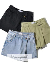 Women Casual an Asymmetric Wrap-style front Denim Shorts with side Pockets Mini Skirt denim shorts, green omen skirt shorts SUN-IMPERIAL 