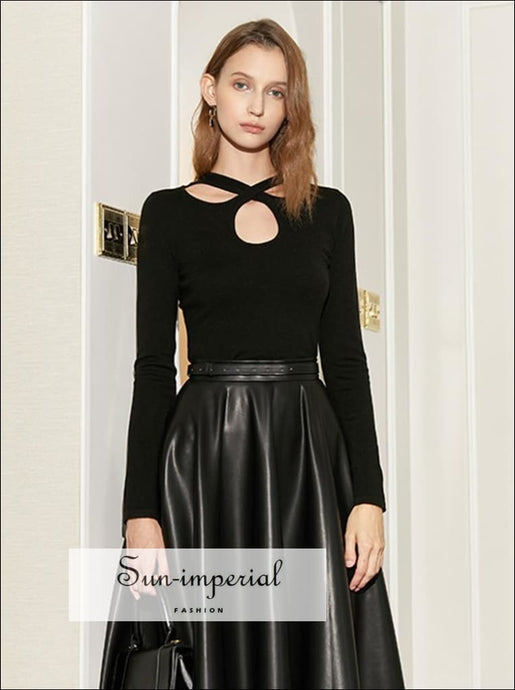 Women Casual Rib Black Long Sleeve Blouse with Criss Cross Halter Neck casual style, elegant Preppy Style Clothes, PUNK STYLE, street style 