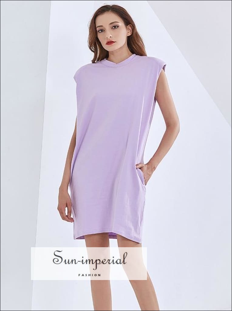 Sun-imperial - women casual solid White padded shoulder muscle sleeveless o neck loose mini dress purple / M Sun-imperial - women casual solid White padded shoulder muscle sleeveless o neck loose mini dress purple / M