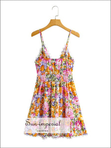 Women Colorful Floral Print V Neck Mini Dress with Center Bow Tie detail Beach Style Print, Bohemian Style, boho style, casual chick sexy 