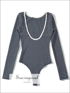 Women Cotton Low Back Long Sleeve Black And White Striped Bodysuit Basic style, casual chick sexy harajuku PUNK STYLE Sun-Imperial United