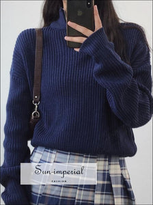 Women Dark Blue 1/4 Zip front Chunky Knit Jumper Casual top Basic style, bohemian boho casual Preppy Style Clothes SUN-IMPERIAL United 