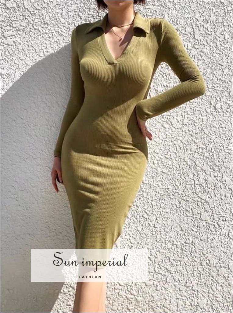 Sun imperial Women Dark Grey Long Sleeve Open Collar Rib Bodycon Midi Dress Khaki S