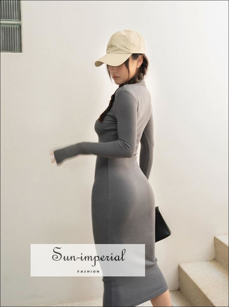 Sun-imperial - women dark grey long sleeve open collar rib bodycon midi dress Gray / S Sun-imperial - women dark grey long sleeve open collar rib bodycon midi dress Gray / S