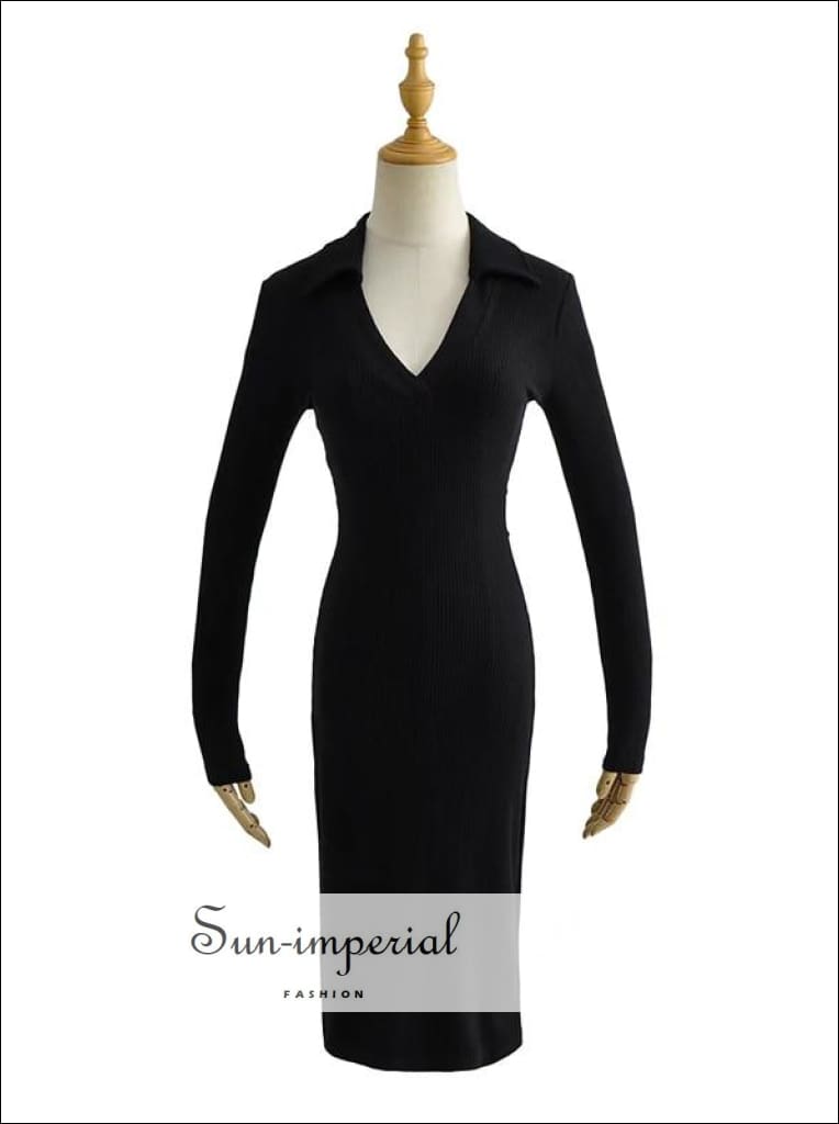 Sun-Imperial - Women Dark Grey Long Sleeve Open Collar Rib Bodycon Midi Dress Black / S Sun-Imperial - Women Dark Grey Long Sleeve Open Collar Rib Bodycon Midi Dress Black / S