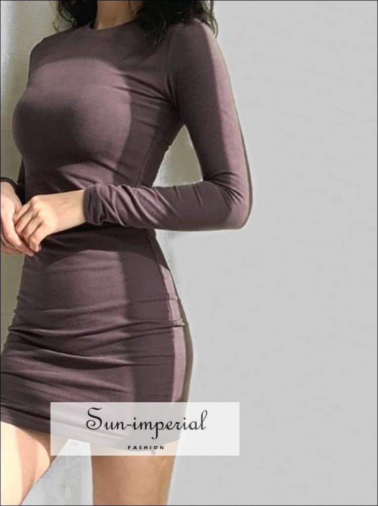 Sun-Imperial - Women Fitted Long Sleeve Mini Dress Fitted Jersey Dress Khaki / S Sun-Imperial - Women Fitted Long Sleeve Mini Dress Fitted Jersey Dress Khaki / S