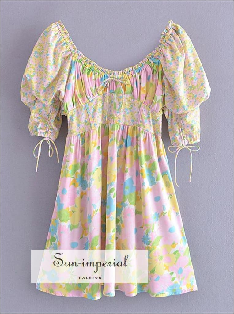 Sun-Imperial - Women Floral Short Sleeve Mini Dress with Shirred Bodice Short Tie Puff Sleeve Corset M Sun-Imperial - Women Floral Short Sleeve Mini Dress with Shirred Bodice Short Tie Puff Sleeve Corset M