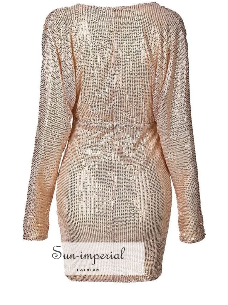 Sun-imperial - women gold sequin glitter bodycon mini dress with long sleeve and deep v plunge Sun-Imperial Sun-imperial - women gold sequin glitter bodycon mini dress with long sleeve and deep v plunge Sun-Imperial