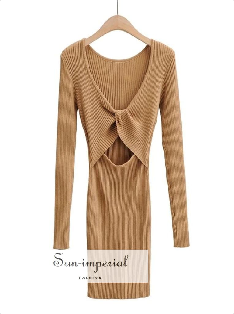 Sun-Imperial - Women Green Knitted Jumper Bodycon Mini Dress with Cut-Out and Twist Back Detail Camel / S