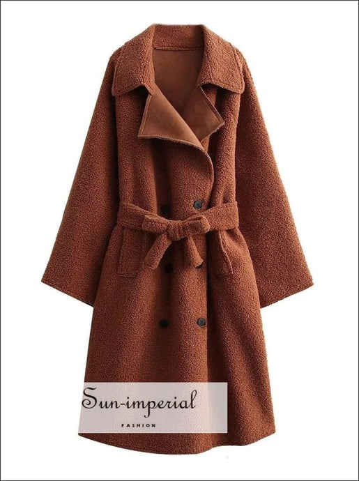 Women Green Maxi Tie Waist Faux Lamb Fur Long Sleeve Oversized Warm Outerwear Trench Coat casual style, harajuku Preppy Style Clothes, 