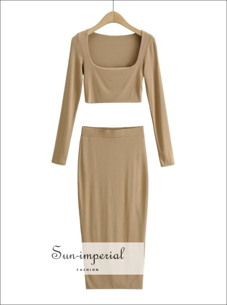Sun-imperial - women grey co ord square neck long sleeves crop t-shirt and bodycon midi two piece khaki / S Sun-imperial - women grey co ord square neck long sleeves crop t-shirt and bodycon midi two piece khaki / S