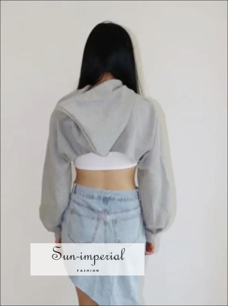 Sun-imperial women grey curved cut front super crop hoodie drop