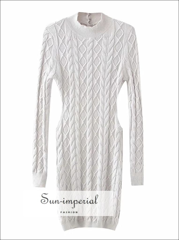 Sun-Imperial - Women High Neck White Cable Knit Cut Out Waist Backless Sweater Bodycon Long Sleeve Ivory / M Sun-Imperial - Women High Neck White Cable Knit Cut Out Waist Backless Sweater Bodycon Long Sleeve Ivory / M
