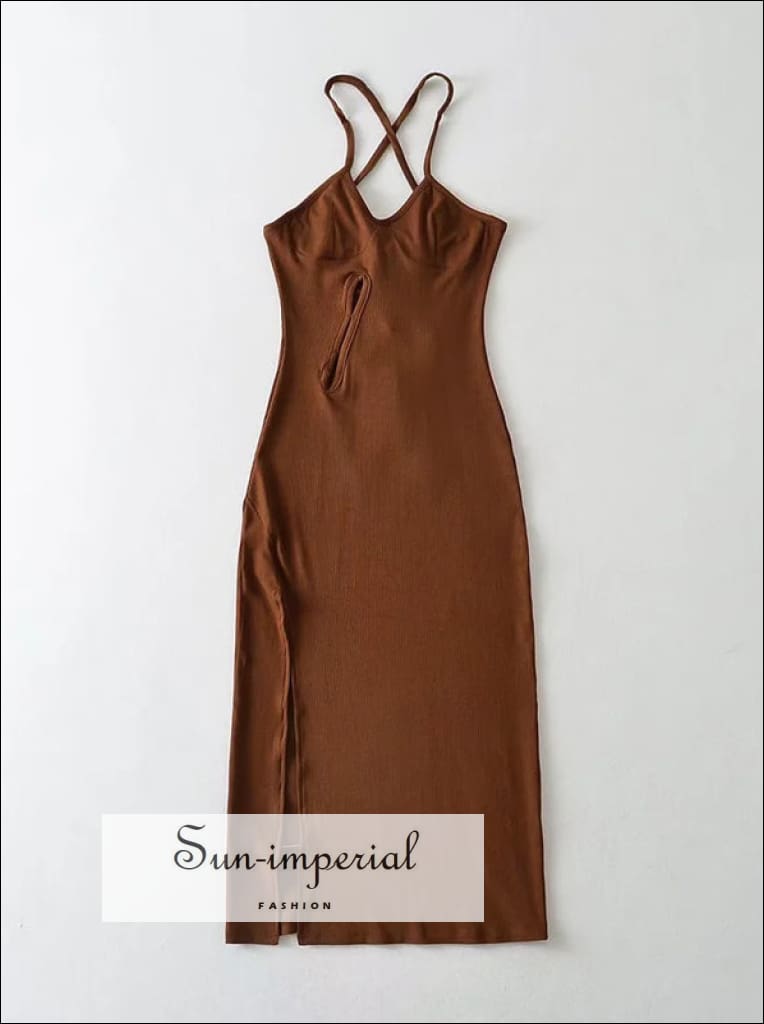 Womens Red Spaghetti Strap Lace-Up Back Split Maxi Dress