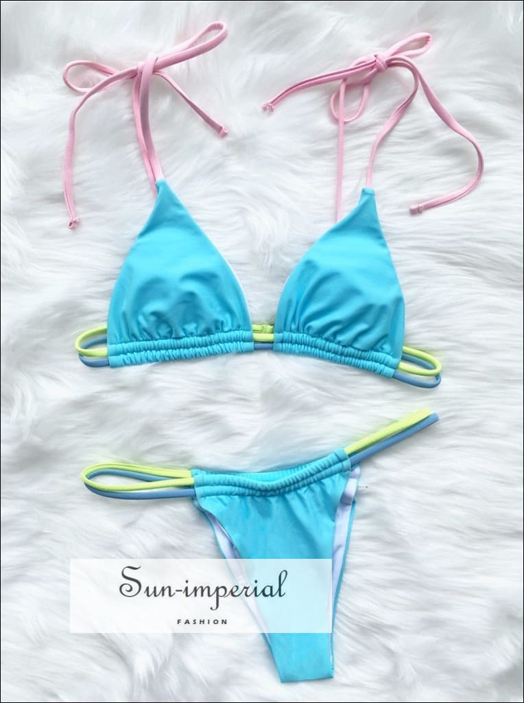 Sun-imperial - women hot pink micro bikini thong with neon blue 