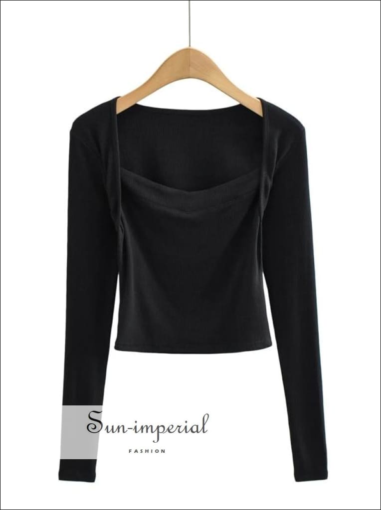 Sun-imperial Women Drawstring front Square Neck Ribbed Fitted Long Sleeve T- shirt High Street